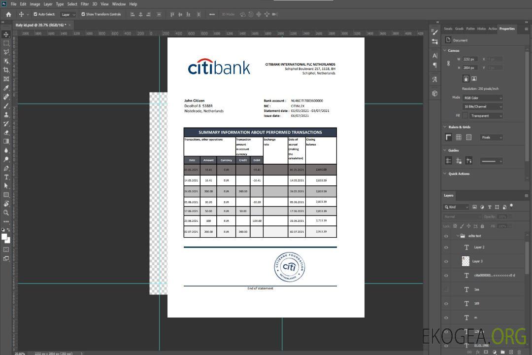 Pays-Bas Citibank excel template
